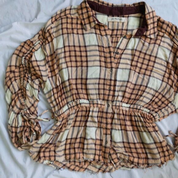 We The Free Pacific Dawn Peach Brown Plaid Button Down Top Boho Women's Shirt L - Picture 5 of 12